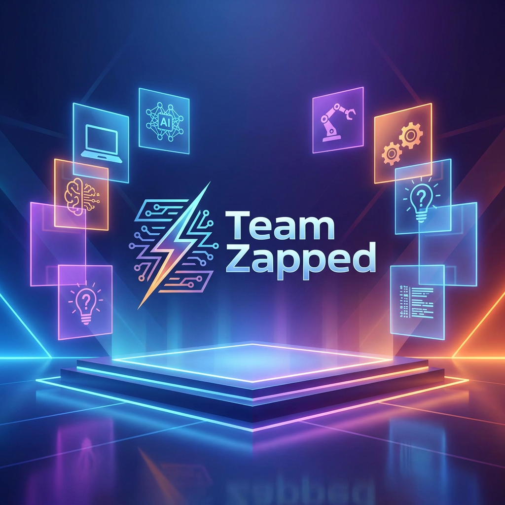 AI Design for Hackathon team named" Team Zapped" i want tech and the z to be defined, laptops ai, robots , new ideas  create a logo and keep all these points in mind

Apply the following visual style: A futuristic hero product photograph of {{product}}, centered on a glowing geometric stage made of floating panels related to the product domain, clean reflections, soft volumetric light, modern launch campaign photography style.

The last reference image is a design/composition template: match its layout, framing, and overall visual style while following the user's prompt for subject matter where indicated.