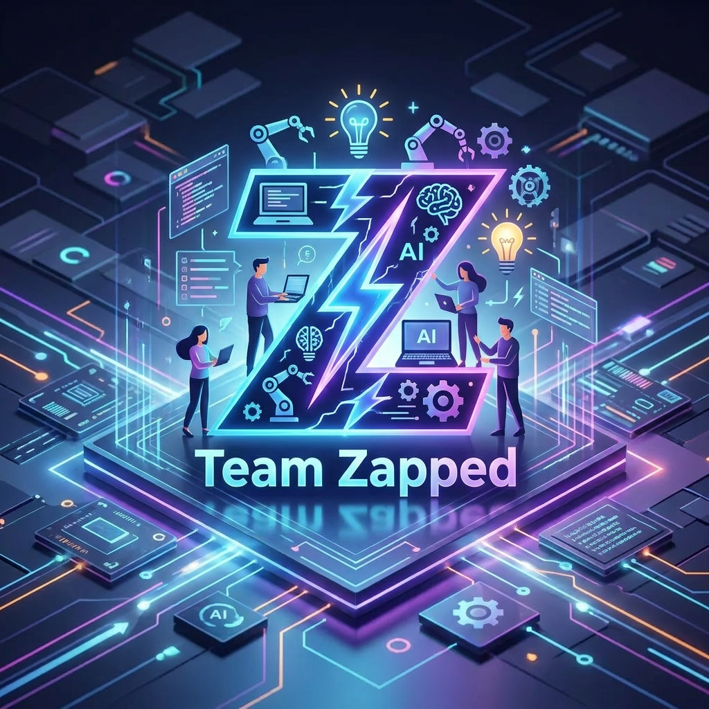 AI Design for Hackathon team named" Team Zapped" i want tech and the z to be defined by lightning, laptops ai, robots , new ideas and innovation by 4 people, create a logo and keep all these points in mind

Apply the following visual style: A futuristic hero product photograph of {{product}}, centered on a glowing geometric stage made of floating panels related to the product domain, clean reflections, soft volumetric light, modern launch campaign photography style.

The last reference image is a design/composition template: match its layout, framing, and overall visual style while following the user's prompt for subject matter where indicated.
