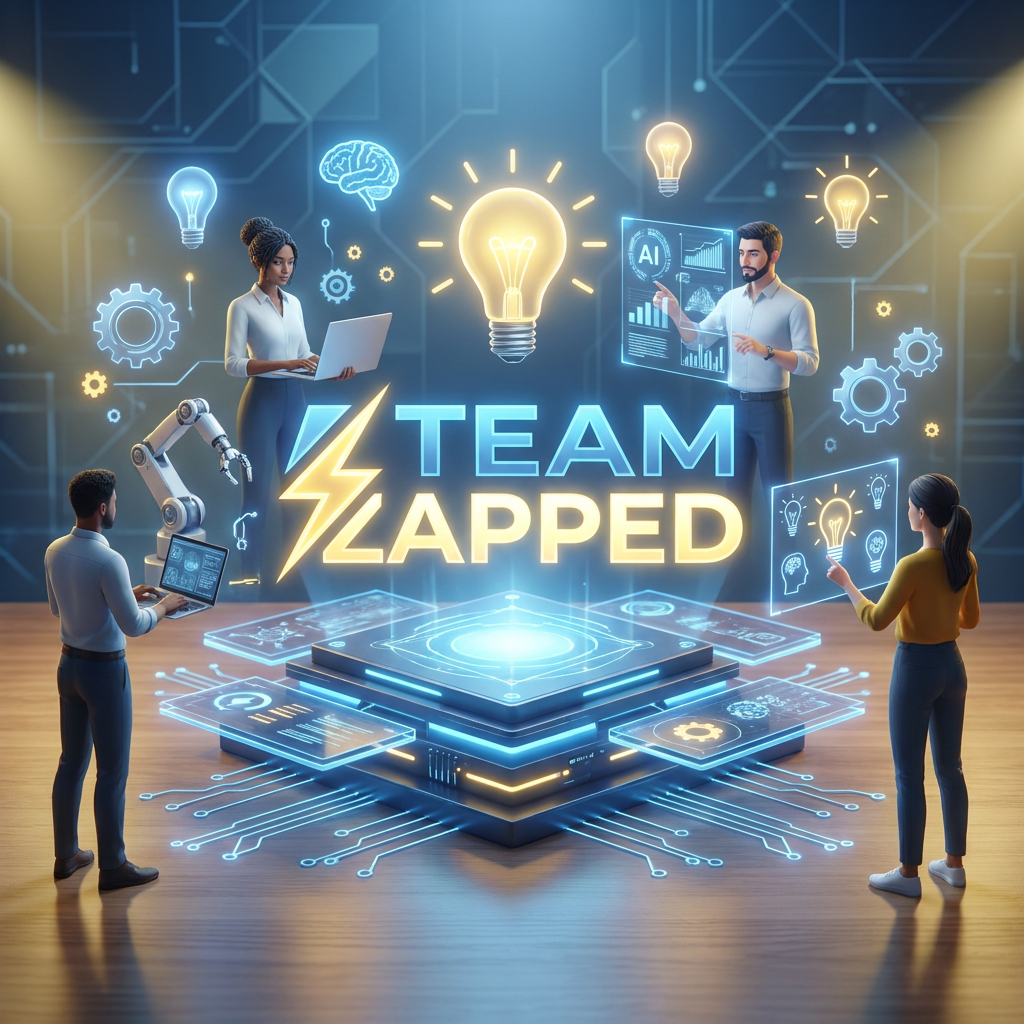 AI Design for Hackathon team named" Team Zapped" i want tech and the z to be defined by lightning, laptops ai, robots all around it, new ideas and innovation by 4 people, create a logo and keep all these points in mind

Apply the following visual style: A futuristic hero product photograph of {{product}}, centered on a glowing geometric stage made of floating panels related to the product domain, clean reflections, soft volumetric light, modern launch campaign photography style.

The last reference image is a design/composition template: match its layout, framing, and overall visual style while following the user's prompt for subject matter where indicated.