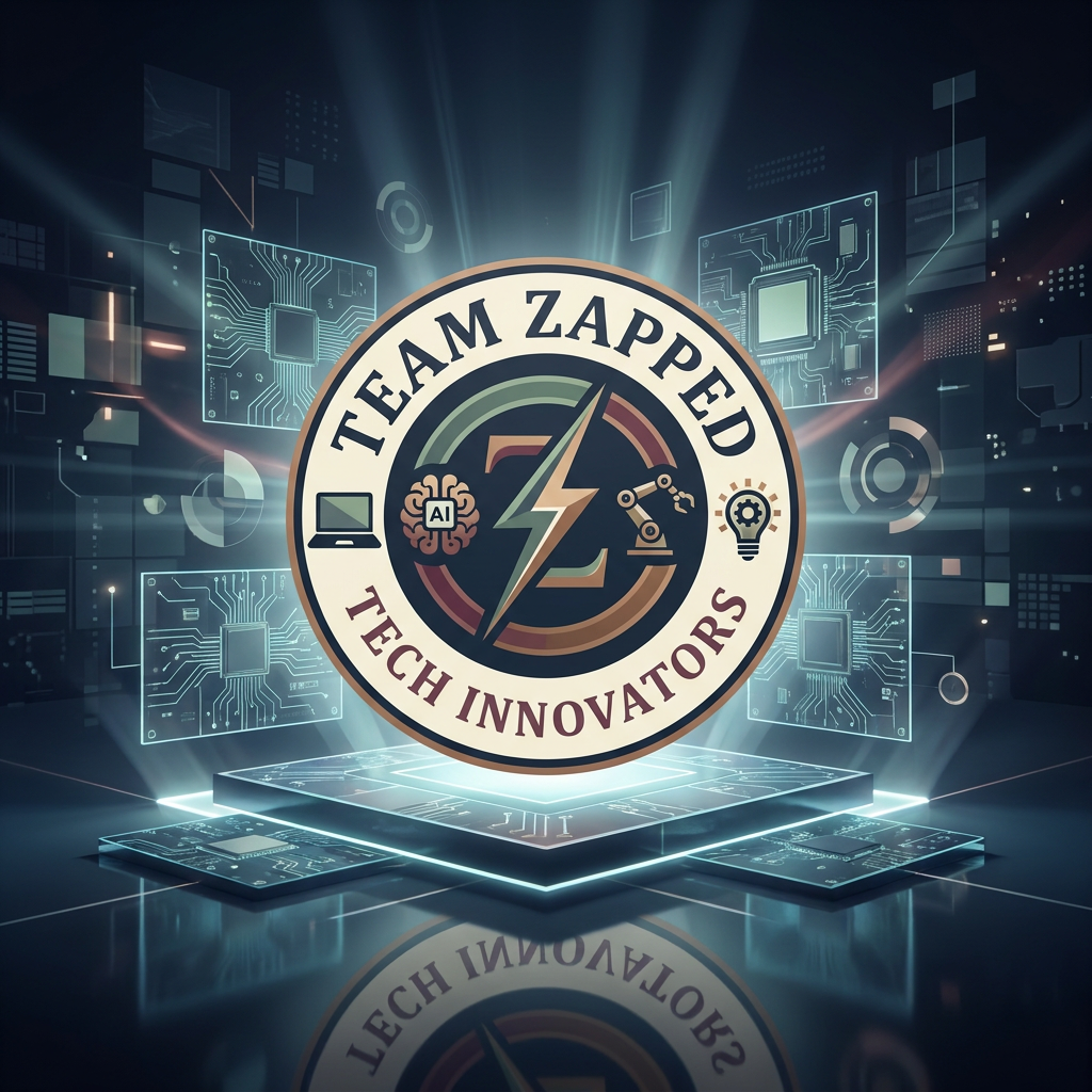 AI Design for Hackathon team named" Team Zapped" i want tech and the z to be defined, laptops ai, robots , new ideas  create a logo and keep all these points in mind, remove the neon colors and go for dark pastels, i want the logo to be classic round , its too congested, make it seem balanced from inside, the things inside the inner circle make it too congested making it look hapazard, make it balanced, its too dull

Apply the following visual style: A futuristic hero product photograph of {{product}}, centered on a glowing geometric stage made of floating panels related to the product domain, clean reflections, soft volumetric light, modern launch campaign photography style.

The last reference image is a design/composition template: match its layout, framing, and overall visual style while following the user's prompt for subject matter where indicated.