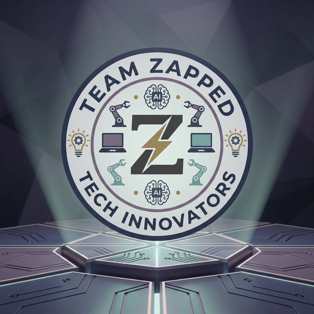 AI Design for Hackathon team named" Team Zapped" i want tech and the z to be defined, laptops ai, robots , new ideas  create a logo and keep all these points in mind, remove the neon colors and go for dark pastels, i want the logo to be classic round , its too congested, make it seem balanced from inside, the things inside the inner circle make it too congested making it look hapazard, make it balanced

Apply the following visual style: A futuristic hero product photograph of {{product}}, centered on a glowing geometric stage made of floating panels related to the product domain, clean reflections, soft volumetric light, modern launch campaign photography style.

The last reference image is a design/composition template: match its layout, framing, and overall visual style while following the user's prompt for subject matter where indicated.