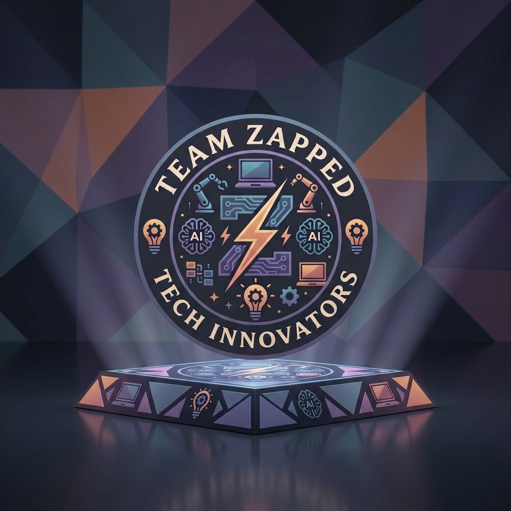 AI Design for Hackathon team named" Team Zapped" i want tech and the z to be defined, laptops ai, robots , new ideas  create a logo and keep all these points in mind, remove the neon colors and go for dark pastels, i want the logo to be classic round , its too congested, make it seem balanced

Apply the following visual style: A futuristic hero product photograph of {{product}}, centered on a glowing geometric stage made of floating panels related to the product domain, clean reflections, soft volumetric light, modern launch campaign photography style.

The last reference image is a design/composition template: match its layout, framing, and overall visual style while following the user's prompt for subject matter where indicated.