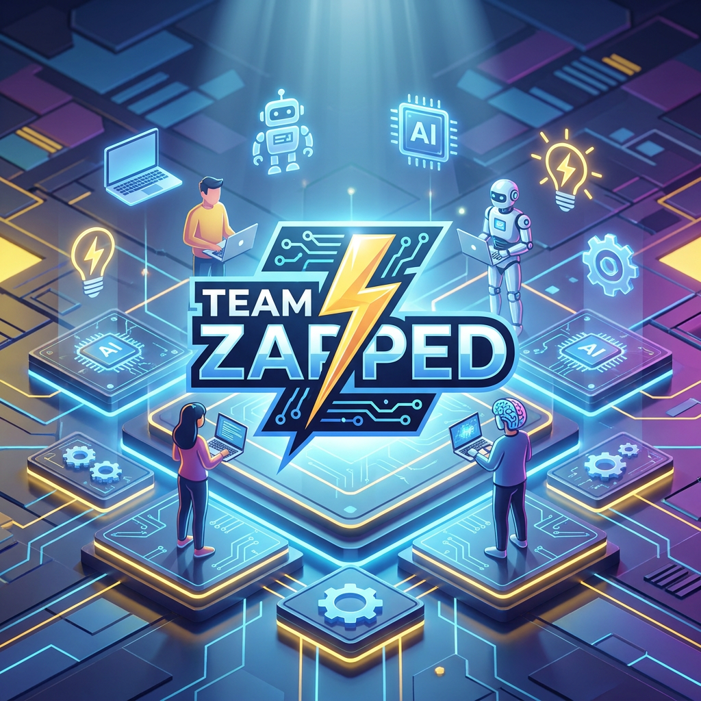 AI Design for Hackathon team named" Team Zapped" i want tech and the z to be defined by lightning, laptops ai, robots all around it, new ideas and innovation by 4 people, create a logo and keep all these points in mind

Apply the following visual style: A futuristic hero product photograph of {{product}}, centered on a glowing geometric stage made of floating panels related to the product domain, clean reflections, soft volumetric light, modern launch campaign photography style.

The last reference image is a design/composition template: match its layout, framing, and overall visual style while following the user's prompt for subject matter where indicated.