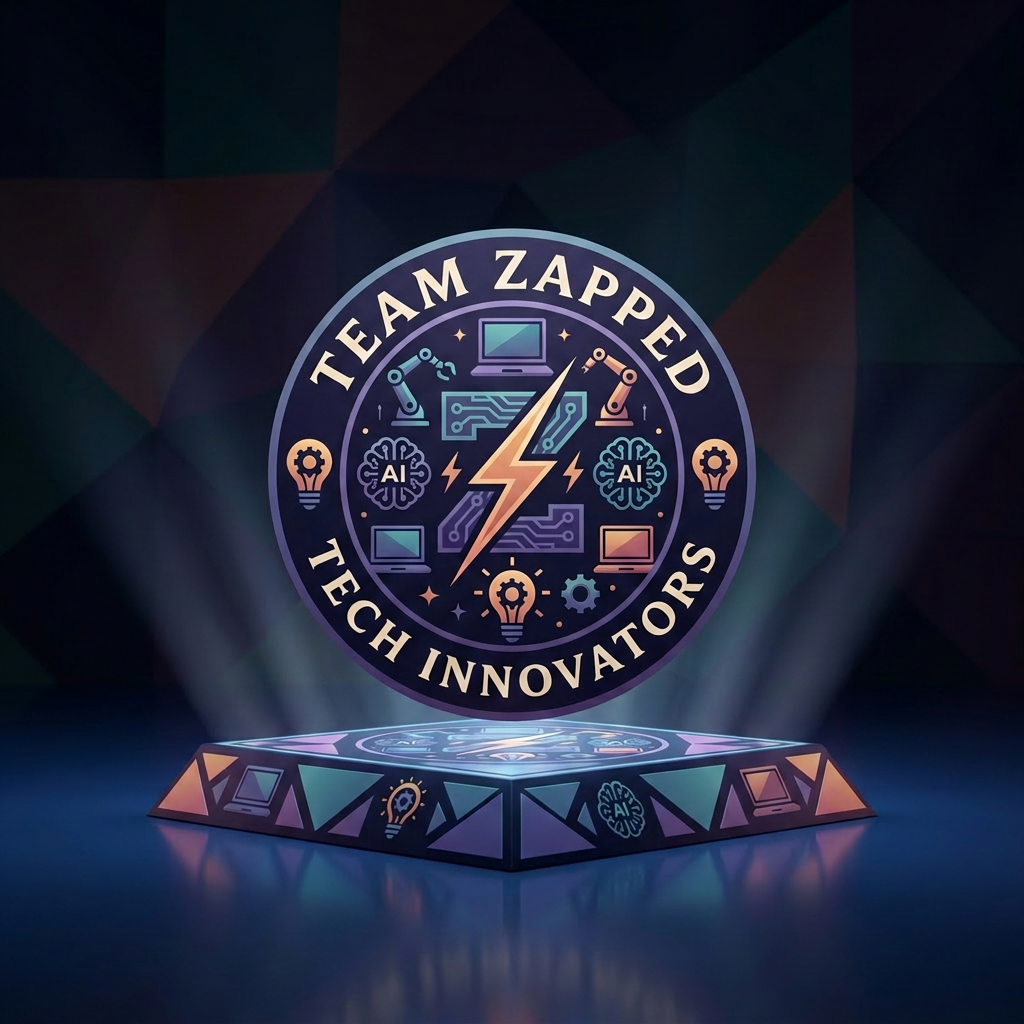 AI Design for Hackathon team named" Team Zapped" i want tech and the z to be defined, laptops ai, robots , new ideas  create a logo and keep all these points in mind, remove the neon colors and go for dark pastels, i want the logo to be classic round , its too congested, make it seem balanced from inside

Apply the following visual style: A futuristic hero product photograph of {{product}}, centered on a glowing geometric stage made of floating panels related to the product domain, clean reflections, soft volumetric light, modern launch campaign photography style.

The last reference image is a design/composition template: match its layout, framing, and overall visual style while following the user's prompt for subject matter where indicated.