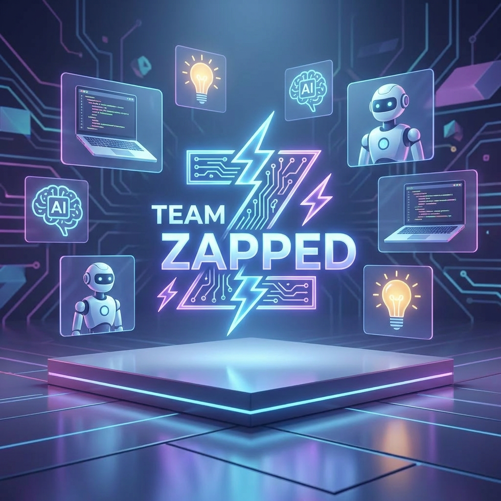 AI Design for Hackathon team named" Team Zapped" i want tech and the z to be defined, laptops ai, robots , new ideas  create a logo and keep all these points in mind

Apply the following visual style: A futuristic hero product photograph of {{product}}, centered on a glowing geometric stage made of floating panels related to the product domain, clean reflections, soft volumetric light, modern launch campaign photography style.

The last reference image is a design/composition template: match its layout, framing, and overall visual style while following the user's prompt for subject matter where indicated.