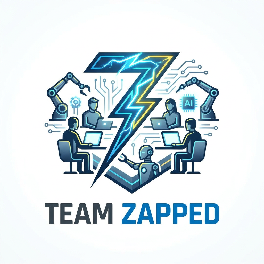 AI Design for we are i a hackathon, the team name is "Team Zapped" we are 4 members and we are looking for bold, clean, aesthetic, creative look for our logo, which leaves an impact on the judges, go as creative you can, it can be artistic too, take the z and i want it more defined, it, if its lightning i want it to come with z, few laptops here and there, with ais and robots