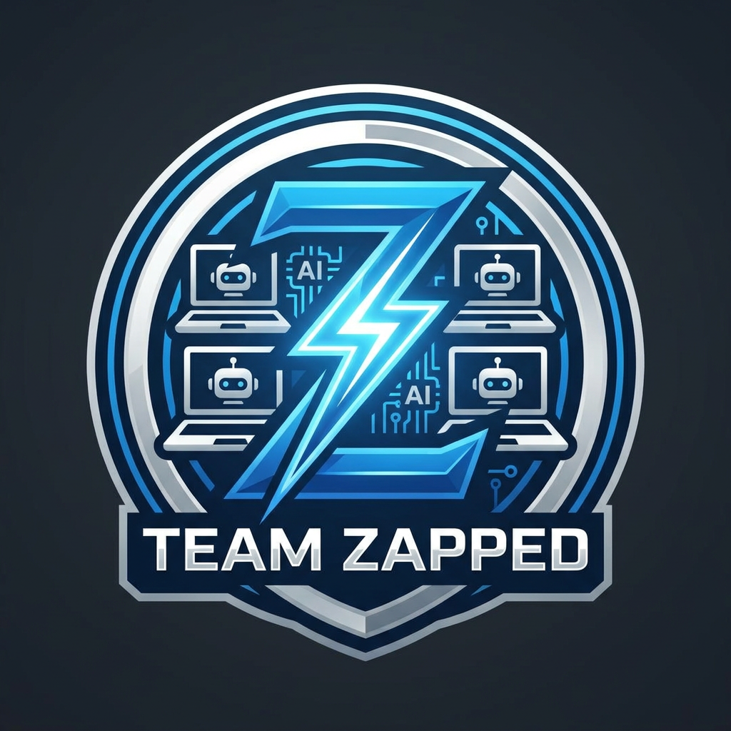 AI Design for we are i a hackathon, the team name is "Team Zapped" we are 4 members and we are looking for bold, clean, aesthetic, creative look for our logo, which leaves an impact on the judges, go as creative you can, it can be artistic too, take the z and i want it more defined, it, if its lightning i want it to come with z, few laptops here and there, with ais and robots