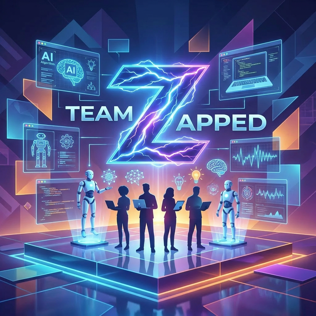 AI Design for Hackathon team named" Team Zapped" i want tech and the z to be defined by lightning, laptops ai, robots , new ideas and innovation by 4 people, create a logo and keep all these points in mind

Apply the following visual style: A futuristic hero product photograph of {{product}}, centered on a glowing geometric stage made of floating panels related to the product domain, clean reflections, soft volumetric light, modern launch campaign photography style.

The last reference image is a design/composition template: match its layout, framing, and overall visual style while following the user's prompt for subject matter where indicated.