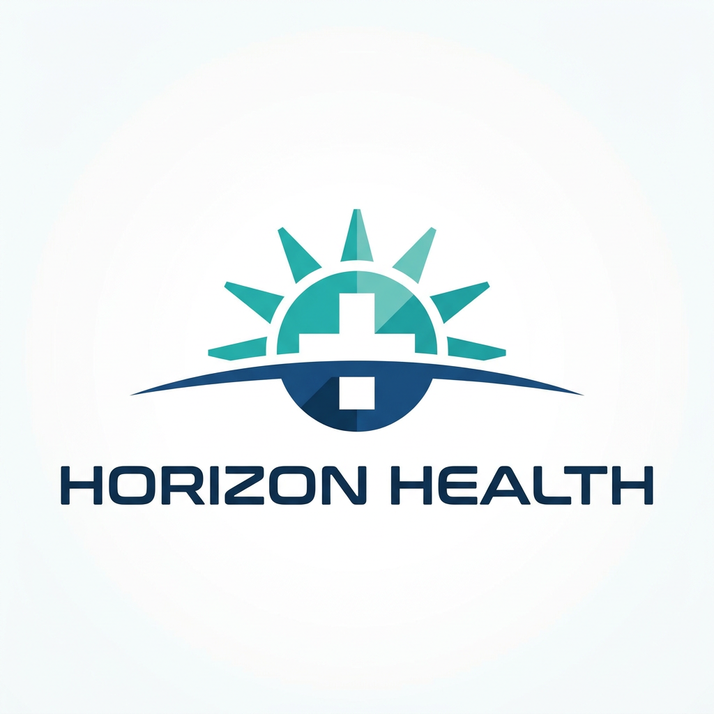 AI Design for Design a premium logo for a pharmaceutical company named "Horizon Health". Create a minimalist horizon line with a rising sun emerging above it. The sun should subtly form a medical cross using negative space. Use clean geometric shapes, balanced proportions, and a modern healthcare aesthetic. The typography should be bold, sleek, and contemporary, with slightly rounded corners to communicate trust and care. Use a professional color palette of deep blue, teal, and white. The logo should feel innovative, scientific, reliable, and globally recognizable. Vector style, flat design, scalable, corporate branding quality, suitable for packaging, websites, and medical products.