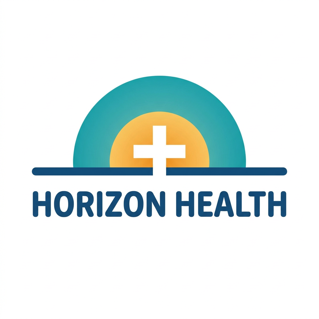 AI Design for Design a premium logo for a pharmaceutical company named "Horizon Health". Create a minimalist horizon line with a rising sun emerging above it. The sun should subtly form a medical cross using negative space. Use clean geometric shapes, balanced proportions, and a modern healthcare aesthetic. The typography should be bold, sleek, and contemporary, with slightly rounded corners to communicate trust and care. Use a professional color palette of deep blue, teal, and white. The logo should feel innovative, scientific, reliable, and globally recognizable. Vector style, flat design, scalable, corporate branding quality, suitable for packaging, websites, and medical products.