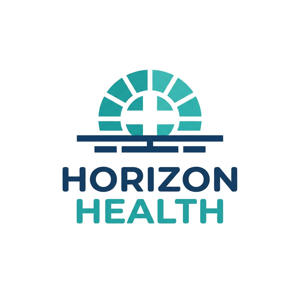 AI Design for Design a premium logo for a pharmaceutical company named "Horizon Health". Create a minimalist horizon line with a rising sun emerging above it. The sun should subtly form a medical cross using negative space. Use clean geometric shapes, balanced proportions, and a modern healthcare aesthetic. The typography should be bold, sleek, and contemporary, with slightly rounded corners to communicate trust and care. Use a professional color palette of deep blue, teal, and white. The logo should feel innovative, scientific, reliable, and globally recognizable. Vector style, flat design, scalable, corporate branding quality, suitable for packaging, websites, and medical products.