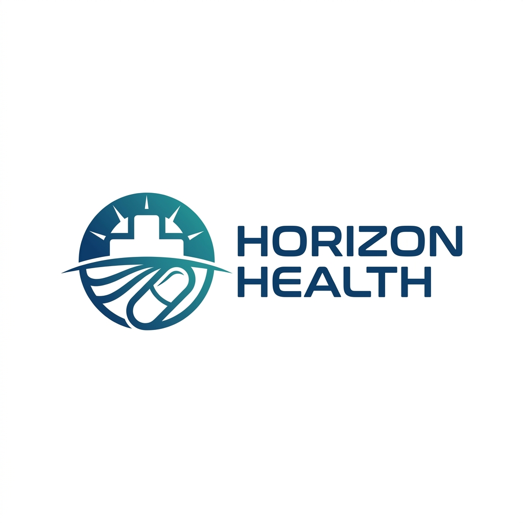 AI Design for Design an award-winning logo for Horizon Health, a modern pharmaceutical company. Create a distinctive icon where the horizon line divides a circular shape. Above the horizon, a rising sun is formed by a medical cross using elegant negative space. Below the horizon, subtle curved lines suggest a capsule or healing wave. The design should symbolize health, innovation, scientific progress, hope, and a better future. Typography should be bold, sleek, modern sans-serif, custom-designed, with excellent readability and premium corporate character. Use deep blue and teal gradients sparingly while maintaining a clean vector appearance. Minimalist, iconic, scalable, internationally recognizable, suitable for pharmaceutical packaging, healthcare products, investor presentations, and digital platforms.