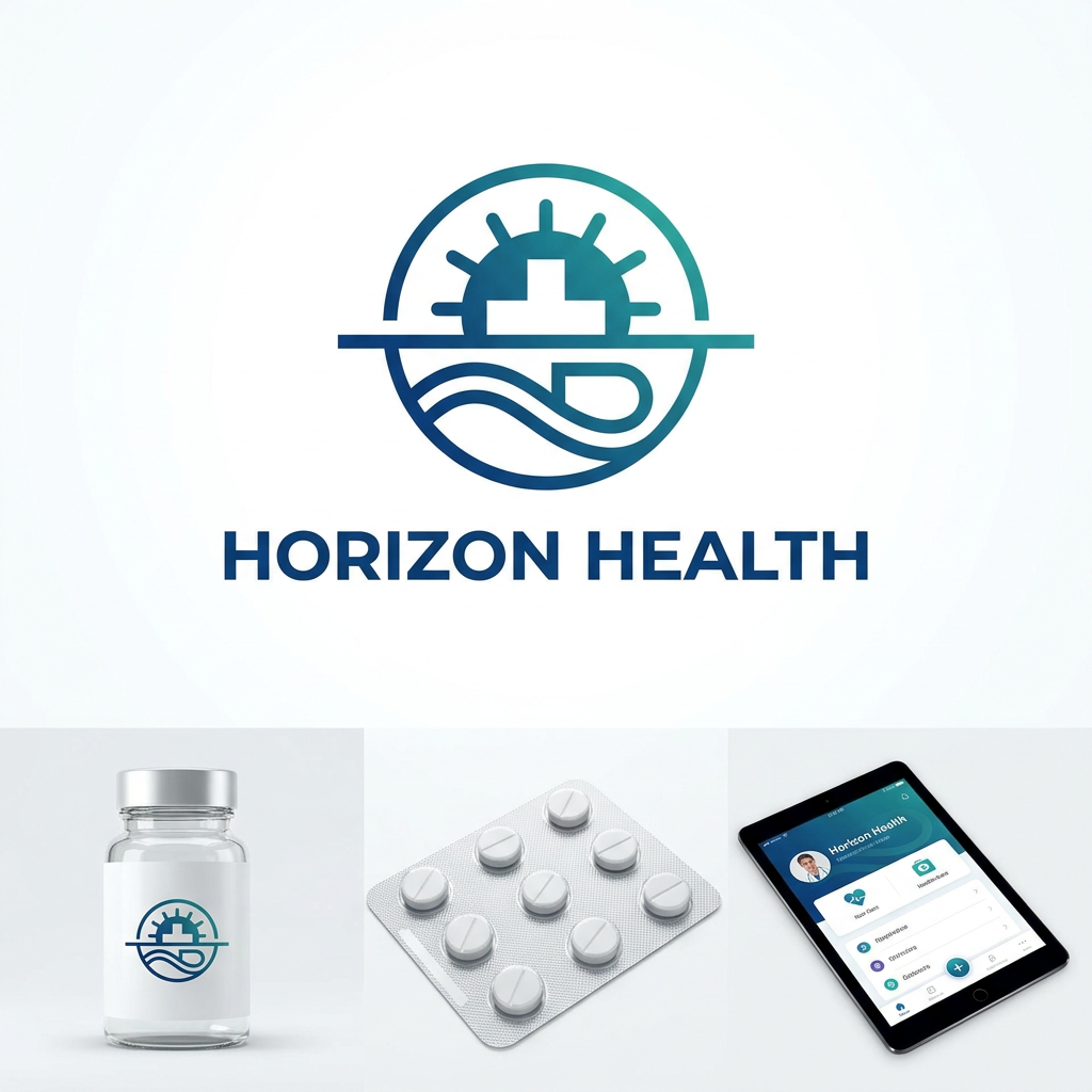 AI Design for Design an award-winning logo for Horizon Health, a modern pharmaceutical company. Create a distinctive icon where the horizon line divides a circular shape. Above the horizon, a rising sun is formed by a medical cross using elegant negative space. Below the horizon, subtle curved lines suggest a capsule or healing wave. The design should symbolize health, innovation, scientific progress, hope, and a better future. Typography should be bold, sleek, modern sans-serif, custom-designed, with excellent readability and premium corporate character. Use deep blue and teal gradients sparingly while maintaining a clean vector appearance. Minimalist, iconic, scalable, internationally recognizable, suitable for pharmaceutical packaging, healthcare products, investor presentations, and digital platforms.