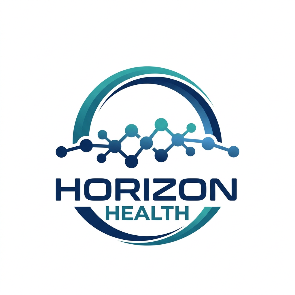 AI Design for Design a premium pharmaceutical logo for Horizon Health. Create a horizon line formed by interconnected molecular nodes and bonds, representing scientific research and pharmaceutical innovation. Above the horizon, a rising arc symbolizes progress and better health outcomes. The symbol should be clean, geometric, and highly recognizable. Typography should be bold, sleek, modern sans-serif with custom letterforms. Corporate healthcare color palette of navy blue, teal, and white. Minimalist vector design, professional biotech branding, globally scalable, suitable for medicine packaging and investor communications.