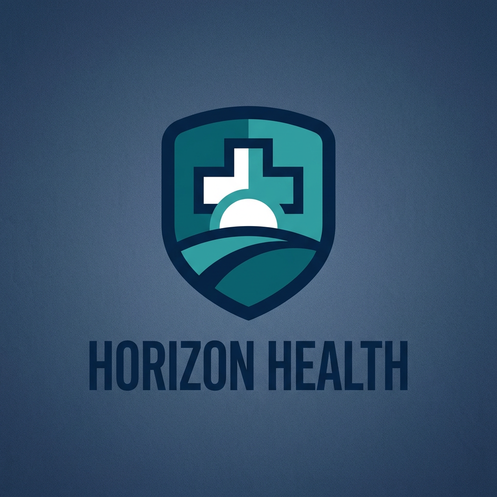 AI Design for Create a premium pharmaceutical logo for Horizon Health featuring a minimalist shield shape symbolizing protection and healthcare. Inside the shield, a horizon line and rising sun form a subtle medical cross through negative space. The icon should feel modern, trustworthy, scientific, and globally scalable. Typography should be bold, sleek, modern, and slightly condensed. Use a professional healthcare color palette of navy blue, teal, and white. Flat vector logo, corporate identity system, clean geometry, timeless branding.