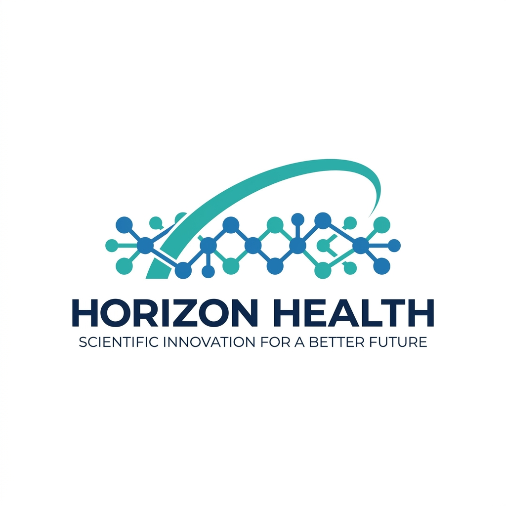AI Design for Design a premium pharmaceutical logo for Horizon Health. Create a horizon line formed by interconnected molecular nodes and bonds, representing scientific research and pharmaceutical innovation. Above the horizon, a rising arc symbolizes progress and better health outcomes. The symbol should be clean, geometric, and highly recognizable. Typography should be bold, sleek, modern sans-serif with custom letterforms. Corporate healthcare color palette of navy blue, teal, and white. Minimalist vector design, professional biotech branding, globally scalable, suitable for medicine packaging and investor communications.