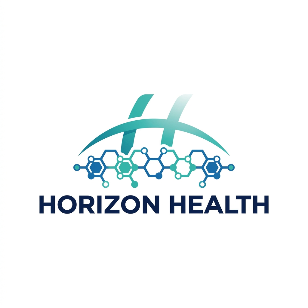 AI Design for Design a premium pharmaceutical logo for Horizon Health. Create a horizon line formed by interconnected molecular nodes and bonds, representing scientific research and pharmaceutical innovation. Above the horizon, a rising arc symbolizes progress and better health outcomes. The symbol should be clean, geometric, and highly recognizable. Typography should be bold, sleek, modern sans-serif with custom letterforms. Corporate healthcare color palette of navy blue, teal, and white. Minimalist vector design, professional biotech branding, globally scalable, suitable for medicine packaging and investor communications.