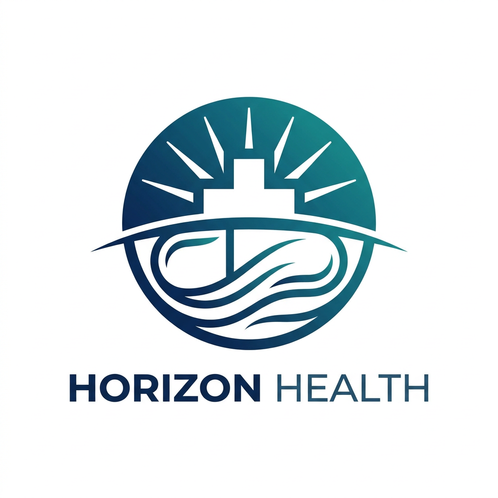 AI Design for Design an award-winning logo for Horizon Health, a modern pharmaceutical company. Create a distinctive icon where the horizon line divides a circular shape. Above the horizon, a rising sun is formed by a medical cross using elegant negative space. Below the horizon, subtle curved lines suggest a capsule or healing wave. The design should symbolize health, innovation, scientific progress, hope, and a better future. Typography should be bold, sleek, modern sans-serif, custom-designed, with excellent readability and premium corporate character. Use deep blue and teal gradients sparingly while maintaining a clean vector appearance. Minimalist, iconic, scalable, internationally recognizable, suitable for pharmaceutical packaging, healthcare products, investor presentations, and digital platforms.
