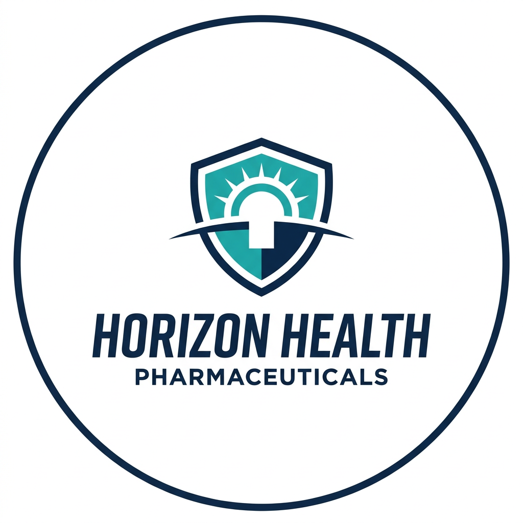 AI Design for Create a premium pharmaceutical logo for Horizon Health featuring a minimalist shield shape symbolizing protection and healthcare. Inside the shield, a horizon line and rising sun form a subtle medical cross through negative space. The icon should feel modern, trustworthy, scientific, and globally scalable. Typography should be bold, sleek, modern, and slightly condensed. Use a professional healthcare color palette of navy blue, teal, and white. Flat vector logo, corporate identity system, clean geometry, timeless branding.