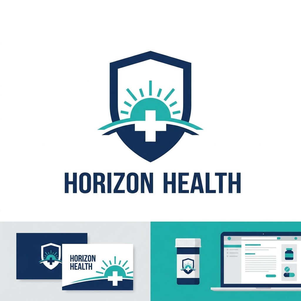 AI Design for Create a premium pharmaceutical logo for Horizon Health featuring a minimalist shield shape symbolizing protection and healthcare. Inside the shield, a horizon line and rising sun form a subtle medical cross through negative space. The icon should feel modern, trustworthy, scientific, and globally scalable. Typography should be bold, sleek, modern, and slightly condensed. Use a professional healthcare color palette of navy blue, teal, and white. Flat vector logo, corporate identity system, clean geometry, timeless branding.