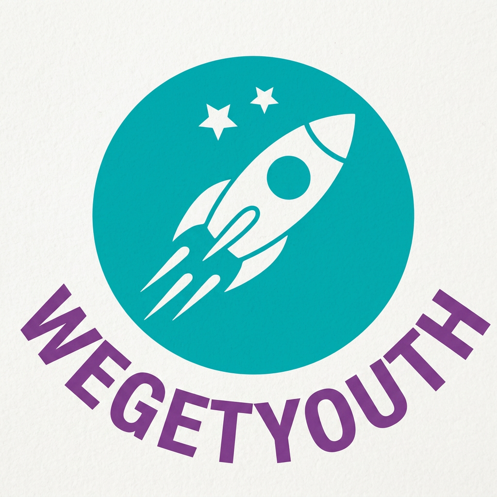AI Design for inspired by this generate a logo with name "wegetyouth" and logo of a rocket, colour turqouise and purple