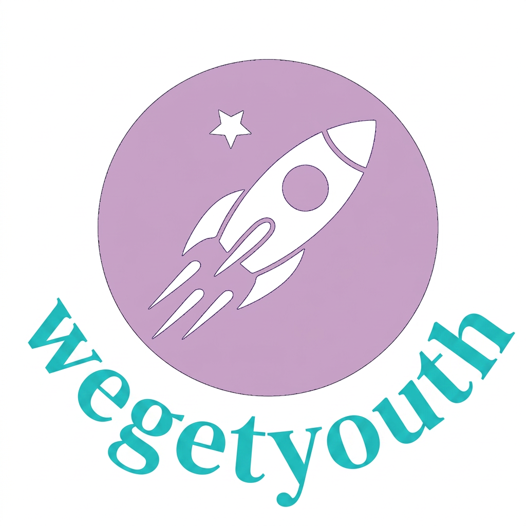 AI Design for inspired by this generate a logo with name "wegetyouth" and logo of a rocket, colour turqouise and purple