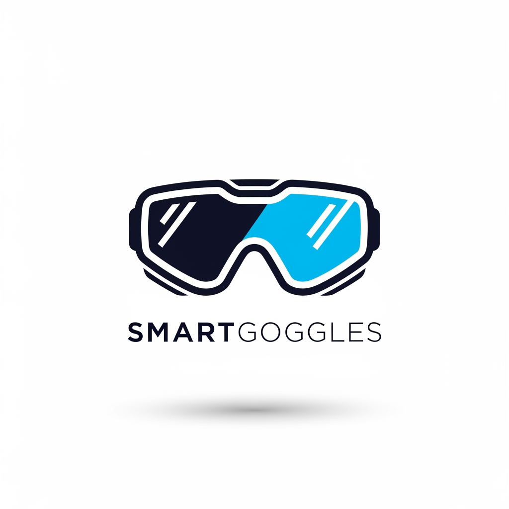 AI Design for A professional, minimalist logo design for the brand SMARTGOGGLES, featuring a sleek, modern icon incorporating stylized goggle lenses and clean, futuristic lines. The design uses a sophisticated color palette of deep navy and electric cyan, set against a clean white background with high-contrast, sharp vector aesthetics and soft ambient lighting for a premium, high-tech look.