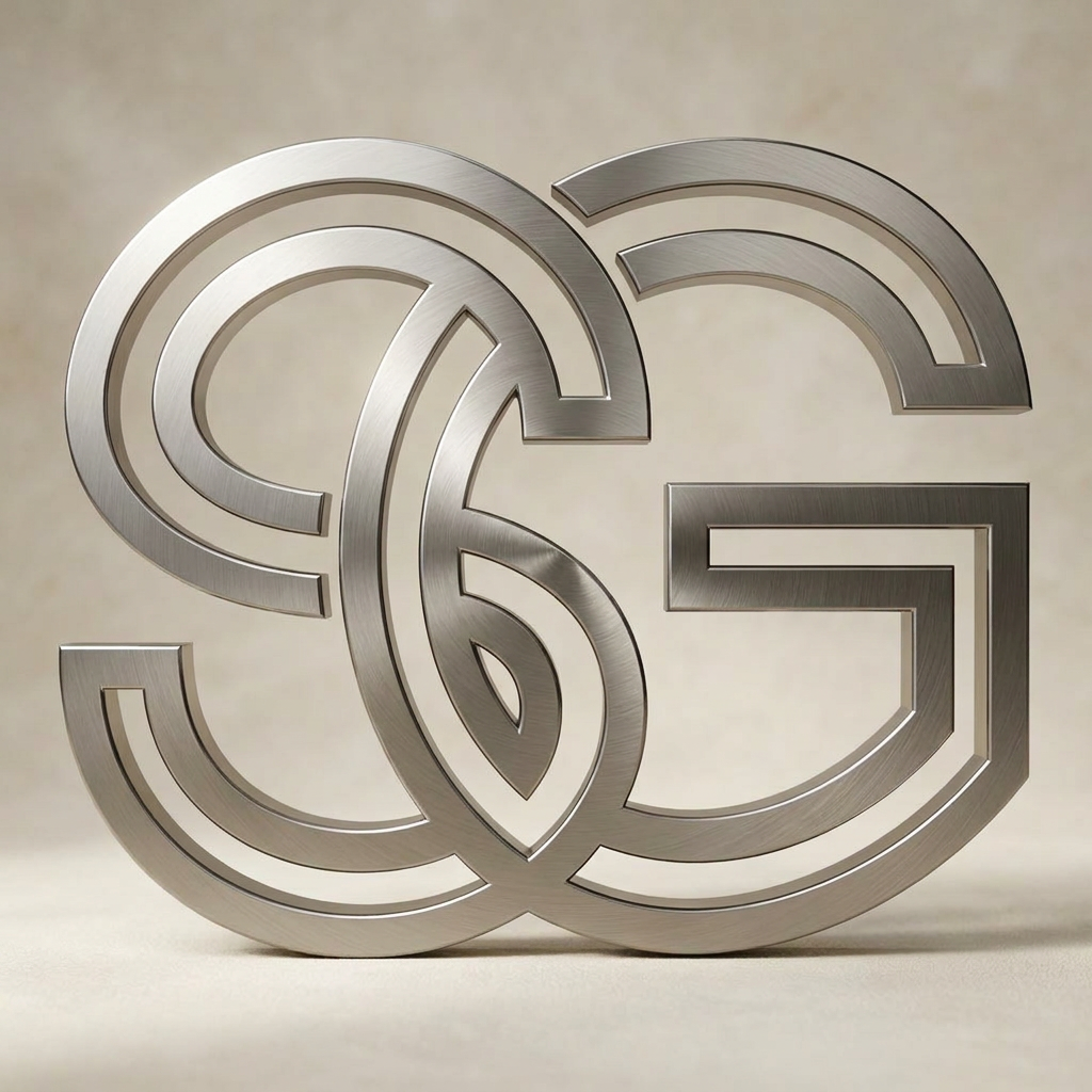 AI Design for A sophisticated and modern minimalist logo design featuring the intertwined letters S and G, crafted with clean geometric lines and a premium metallic finish. The logo is set against a soft, neutral studio background with subtle cinematic lighting to emphasize the sleek contours and elegant texture, captured in high-resolution vector style.