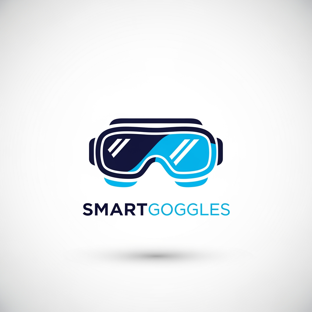 AI Design for A professional, minimalist logo design for the brand SMARTGOGGLES, featuring a sleek, modern icon incorporating stylized goggle lenses and clean, futuristic lines. The design uses a sophisticated color palette of deep navy and electric cyan, set against a clean white background with high-contrast, sharp vector aesthetics and soft ambient lighting for a premium, high-tech look.