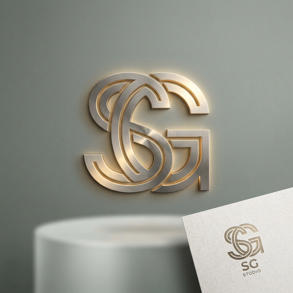 AI Design for A sophisticated and modern minimalist logo design featuring the intertwined letters S and G, crafted with clean geometric lines and a premium metallic finish. The logo is set against a soft, neutral studio background with subtle cinematic lighting to emphasize the sleek contours and elegant texture, captured in high-resolution vector style.