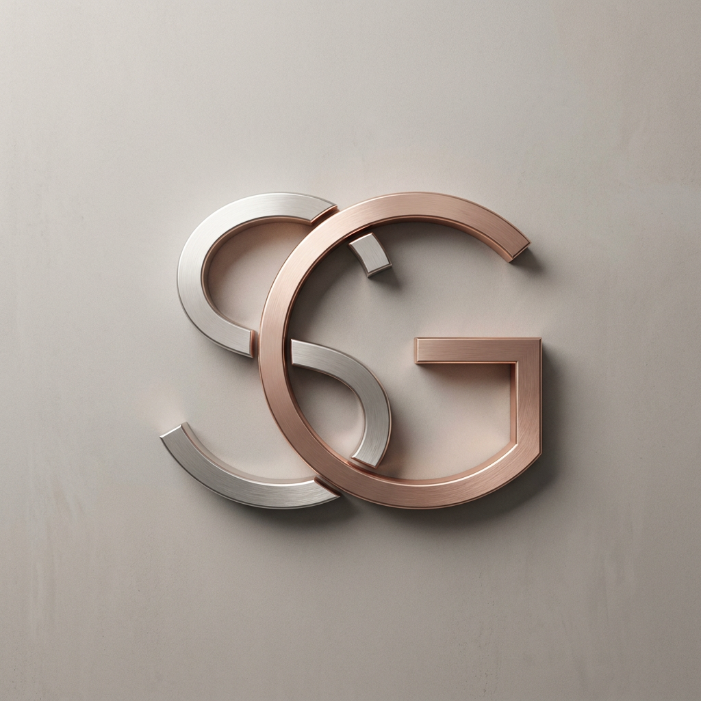AI Design for A sophisticated and modern minimalist logo design featuring the intertwined letters S and G, crafted with clean geometric lines and a premium metallic finish. The logo is set against a soft, neutral studio background with subtle cinematic lighting to emphasize the sleek contours and elegant texture, captured in high-resolution vector style.