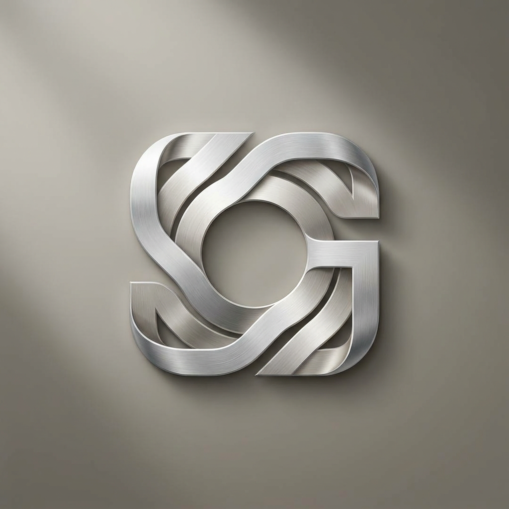 AI Design for A sophisticated and modern minimalist logo design featuring the intertwined letters S and G, crafted with clean geometric lines and a premium metallic finish. The logo is set against a soft, neutral studio background with subtle cinematic lighting to emphasize the sleek contours and elegant texture, captured in high-resolution vector style.