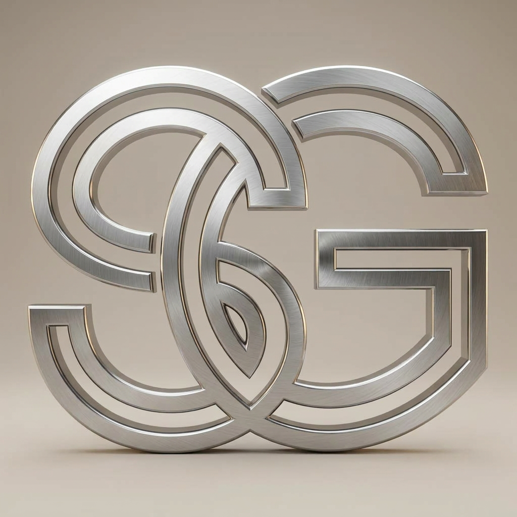 AI Design for A sophisticated and modern minimalist logo design featuring the intertwined letters S and G, crafted with clean geometric lines and a premium metallic finish. The logo is set against a soft, neutral studio background with subtle cinematic lighting to emphasize the sleek contours and elegant texture, captured in high-resolution vector style.
