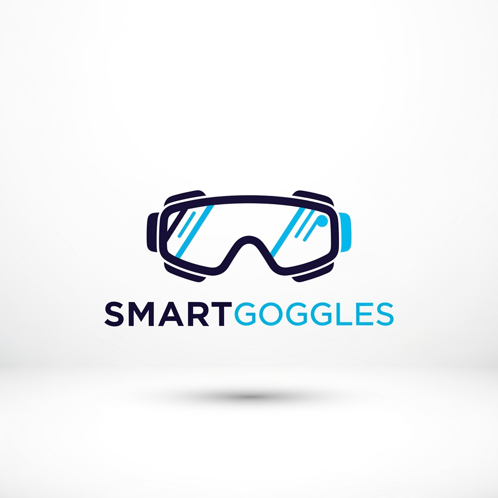 AI Design for A professional, minimalist logo design for the brand SMARTGOGGLES, featuring a sleek, modern icon incorporating stylized goggle lenses and clean, futuristic lines. The design uses a sophisticated color palette of deep navy and electric cyan, set against a clean white background with high-contrast, sharp vector aesthetics and soft ambient lighting for a premium, high-tech look.