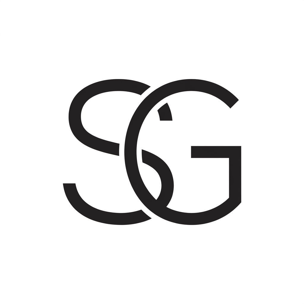 AI Design for A sophisticated and modern logo design featuring the letters S and G intertwined in a seamless, minimalist aesthetic. Use clean geometric lines, a refined sans-serif style, and a professional monochrome palette on a clean white background. The composition should feel balanced, high-end, and iconic, suitable for a premium brand identity.