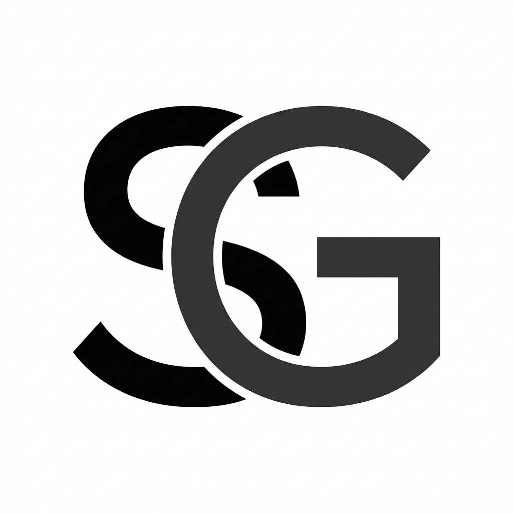 AI Design for A sophisticated and modern logo design featuring the letters S and G intertwined in a seamless, minimalist aesthetic. Use clean geometric lines, a refined sans-serif style, and a professional monochrome palette on a clean white background. The composition should feel balanced, high-end, and iconic, suitable for a premium brand identity.