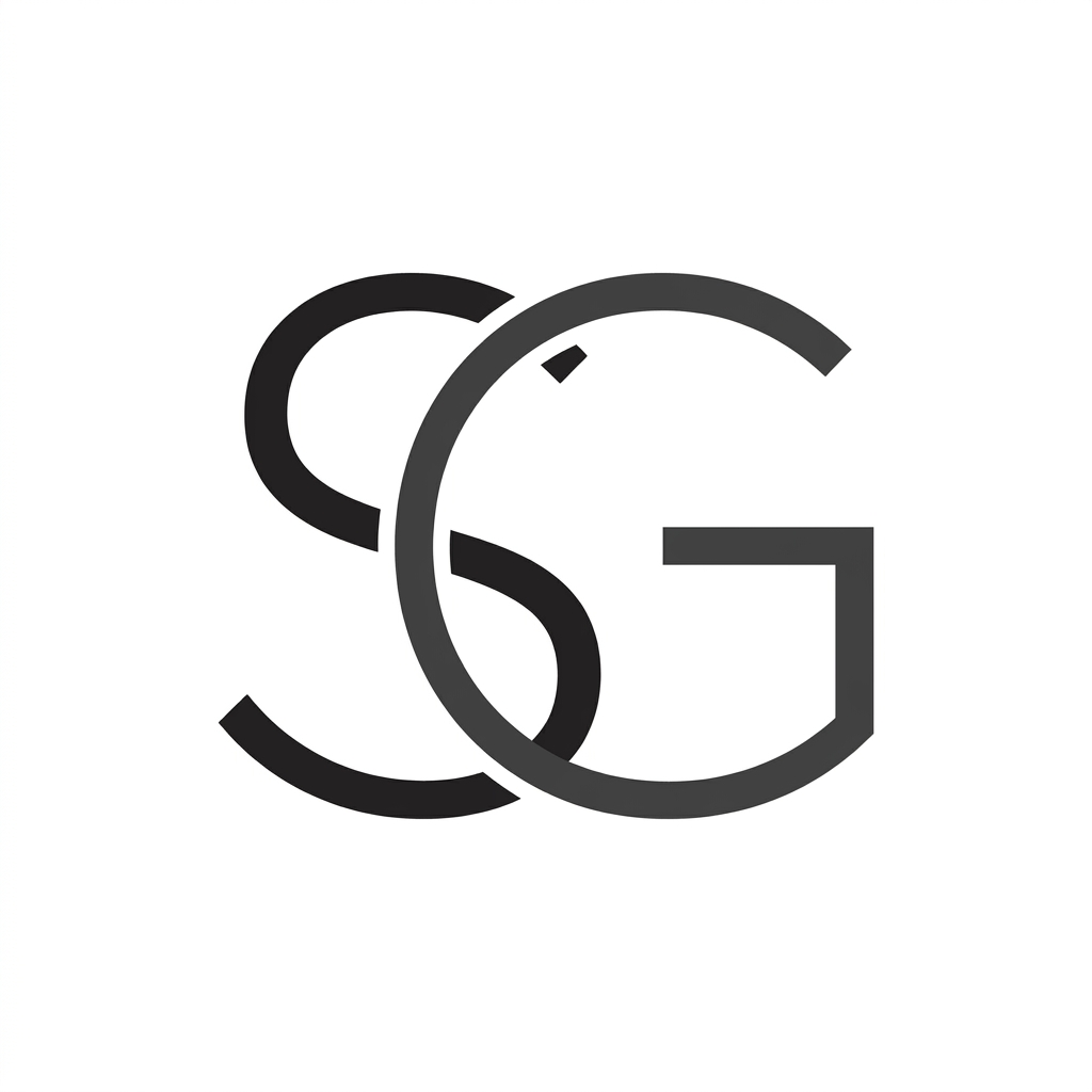 AI Design for A sophisticated and modern logo design featuring the letters S and G intertwined in a seamless, minimalist aesthetic. Use clean geometric lines, a refined sans-serif style, and a professional monochrome palette on a clean white background. The composition should feel balanced, high-end, and iconic, suitable for a premium brand identity.