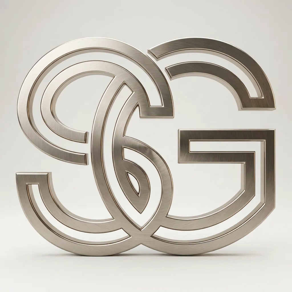 AI Design for A sophisticated and modern minimalist logo design featuring the intertwined letters S and G, crafted with clean geometric lines and a premium metallic finish. The logo is set against a soft, neutral studio background with subtle cinematic lighting to emphasize the sleek contours and elegant texture, captured in high-resolution vector style.