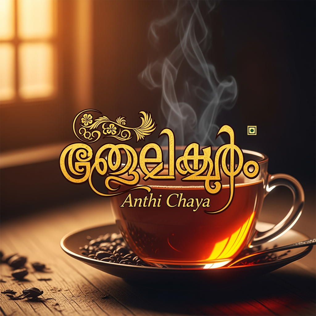 AI Design for I need a traditional logo made with the text "Anthi Chaya". I need a tea in the background and the logo should be designed in Malayalam.