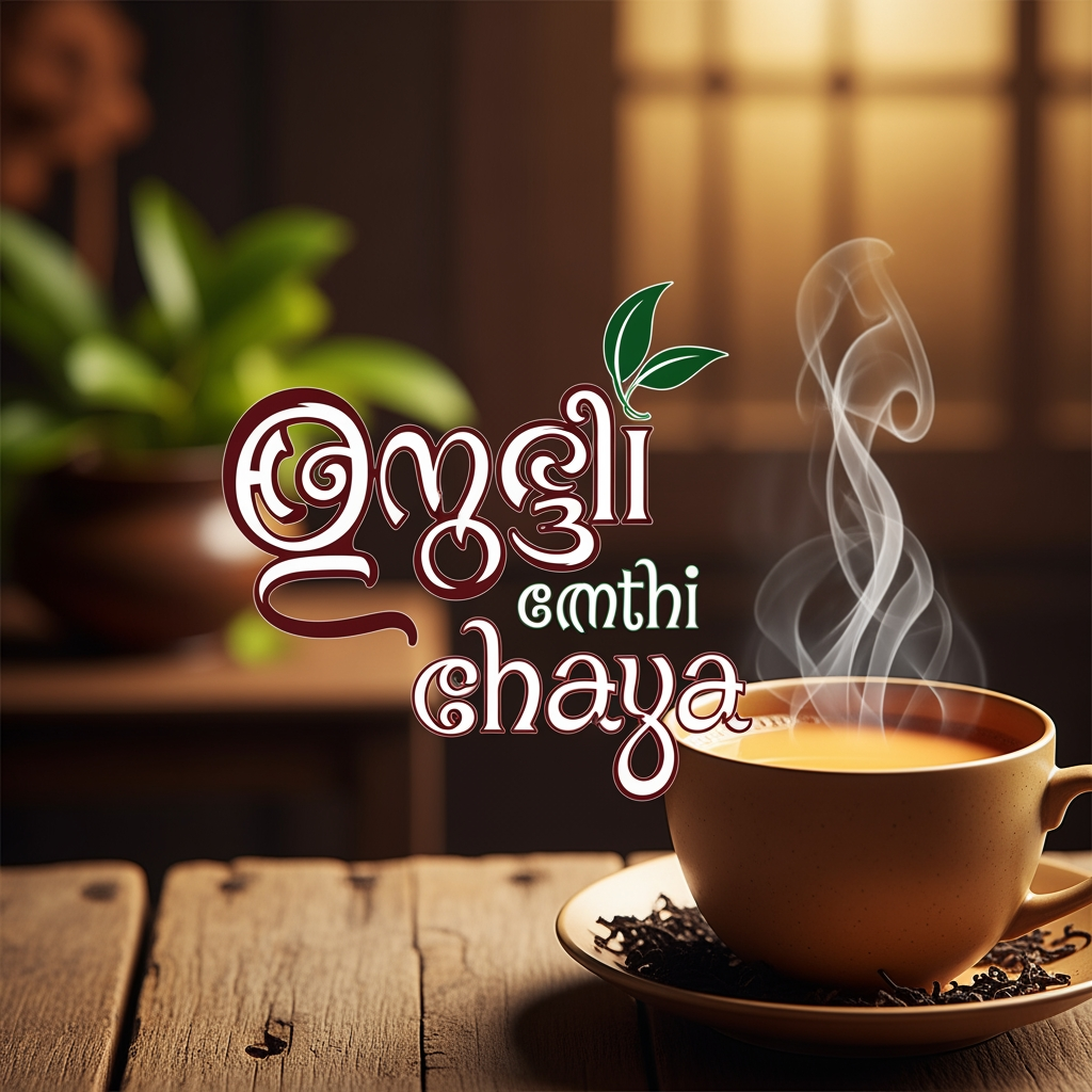 AI Design for I need a traditional logo made with the text "Anthi Chaya". I need a tea in the background and the logo should be designed in Malayalam.