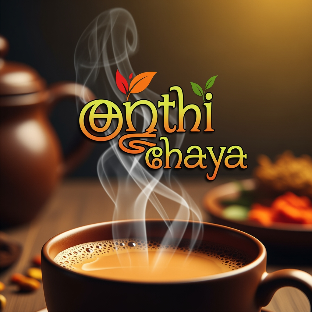 AI Design for I need a traditional logo made with the text "Anthi Chaya". I need a tea in the background and the logo should be designed in Malayalam.