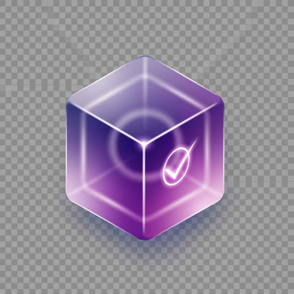 AI Design for A single glassmorphic 3D cube floating centered on a transparent background, frosted translucent glass with soft inner glow, gradient from indigo to purple to pink, subtle frosted blur and light refraction through the glass faces, a glowing checkmark or progress ring softly embedded inside the cube hinting at habit completion, soft ambient shadows, rounded edges, premium minimal app icon style, ultra clean, high detail, centered composition, no text, no letters, PNG with transparency, 1024x1024