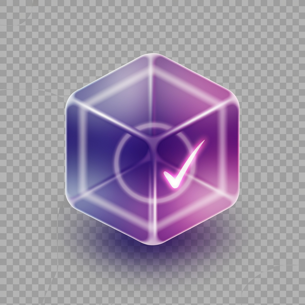 AI Design for A single glassmorphic 3D cube floating centered on a transparent background, frosted translucent glass with soft inner glow, gradient from indigo to purple to pink, subtle frosted blur and light refraction through the glass faces, a glowing checkmark or progress ring softly embedded inside the cube hinting at habit completion, soft ambient shadows, rounded edges, premium minimal app icon style, ultra clean, high detail, centered composition, no text, no letters, PNG with transparency, 1024x1024