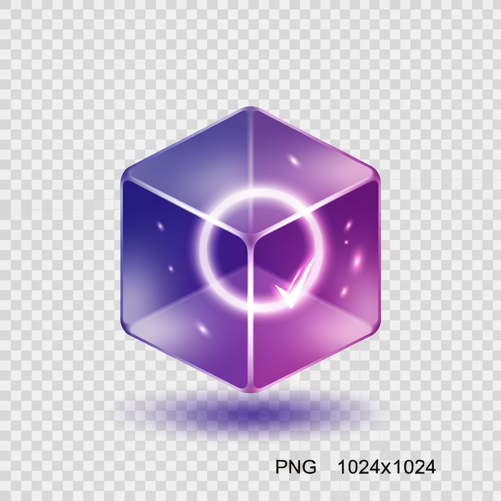 AI Design for A single glassmorphic 3D cube floating centered on a transparent background, frosted translucent glass with soft inner glow, gradient from indigo to purple to pink, subtle frosted blur and light refraction through the glass faces, a glowing checkmark or progress ring softly embedded inside the cube hinting at habit completion, soft ambient shadows, rounded edges, premium minimal app icon style, ultra clean, high detail, centered composition, no text, no letters, PNG with transparency, 1024x1024