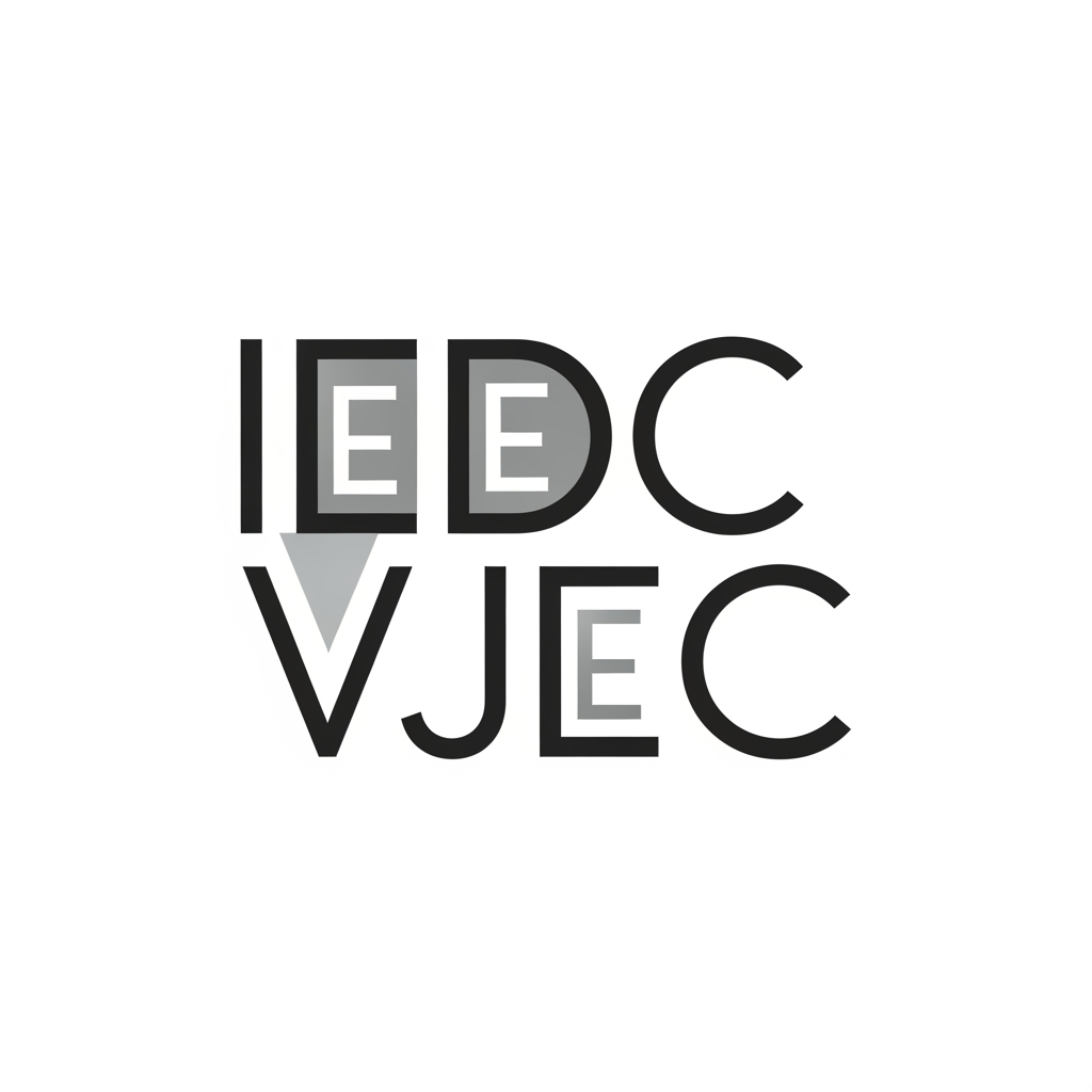 AI Design for a logo for iedc institution nAME VJEC make it minimal change the font arrange the letters vertically highlight both E s on IEDC and VJEC and change the entire font