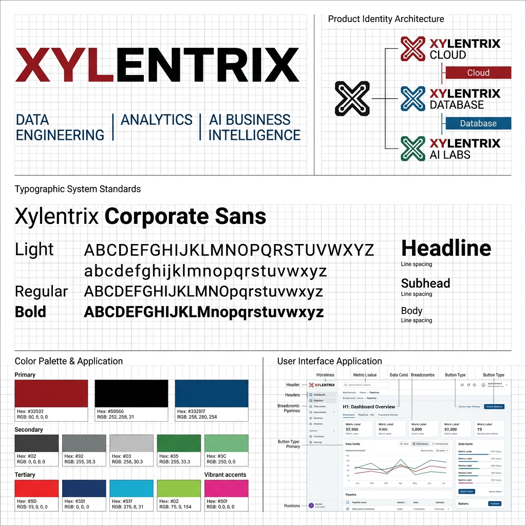AI Design for Oracle Corporation uses a highly structured typographic design system for its corporate identity, products, and user interfaces. create same for xylentrix