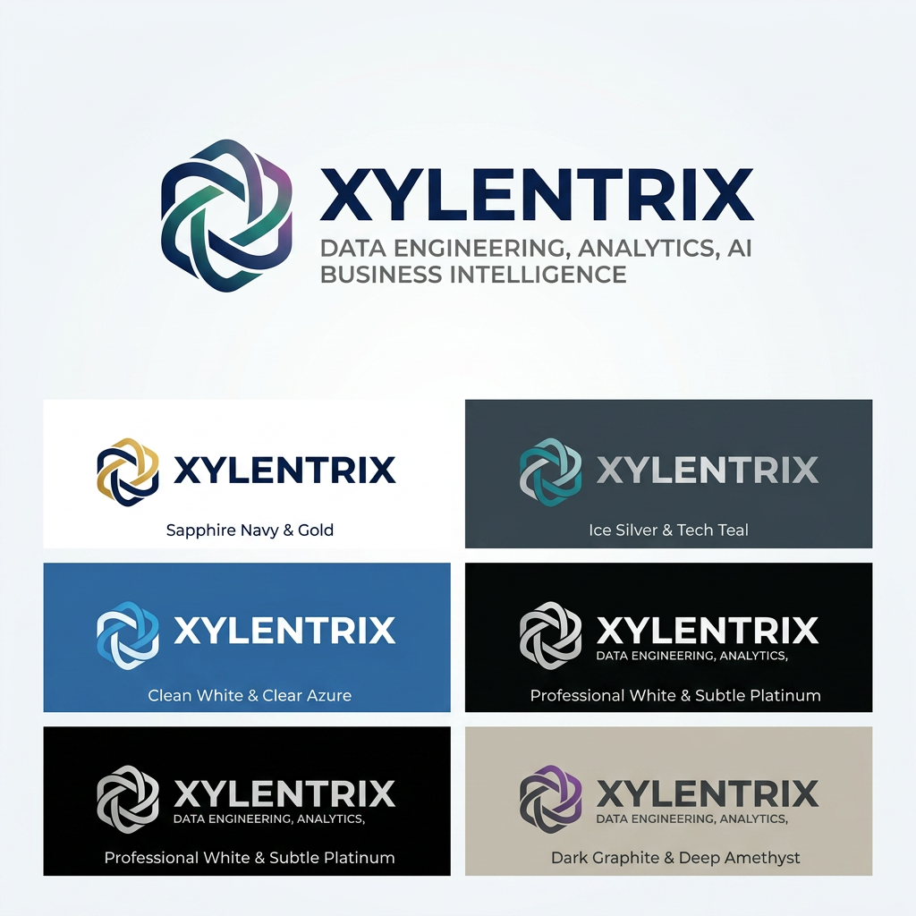 AI Design for Design a premium corporate style name for XYLENTRIX, a Data Engineering, Analytics, AI, and Business Intelligence company. Use a clean, minimalist, Fortune 500 style. The FONT should be memorable simplicity, Google's clarity, and Stripe's modernity. Typography should be custom, bold, and futuristic yet professional. Use a sophisticated colors , give us multiple options