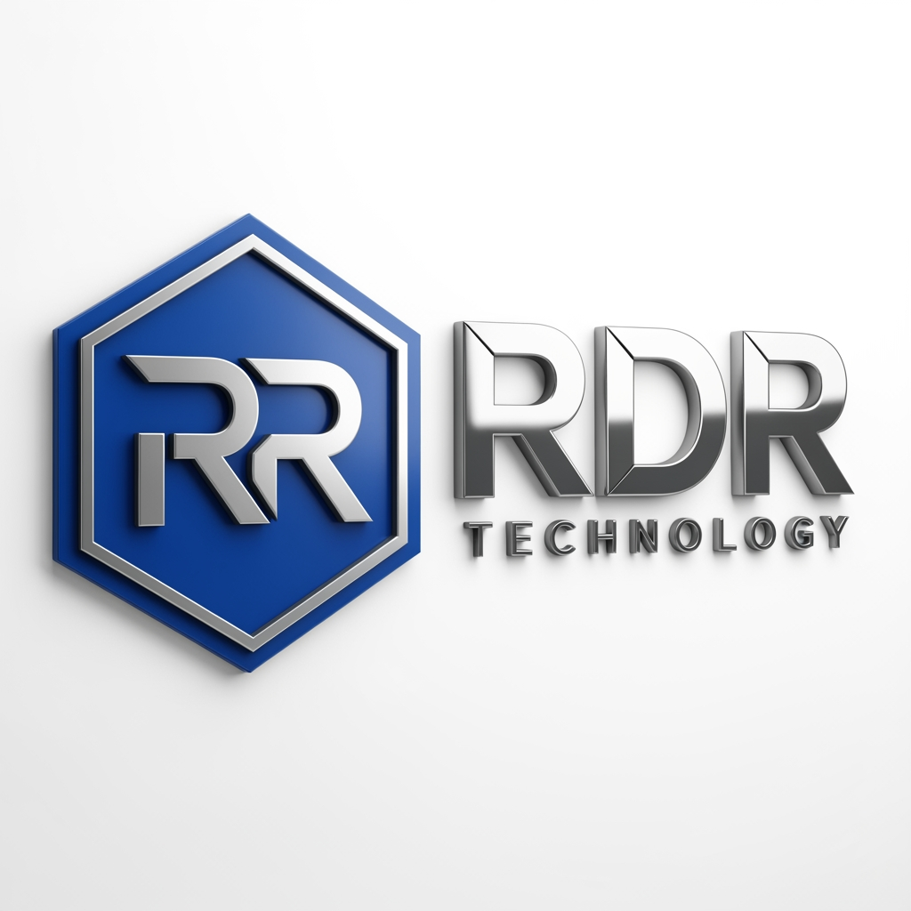 AI Design for A professional 3D logo design for a tech company named 'RDR TECHNOLOGY'. On the left, a bold blue hexagonal icon containing the stylized letters 'RR'. On the right, the text 'RDR' in large, silver metallic 3D letters, with 'TECHNOLOGY' in smaller silver text underneath. Clean, minimalist white studio background, soft cinematic lighting, high-end corporate branding style."