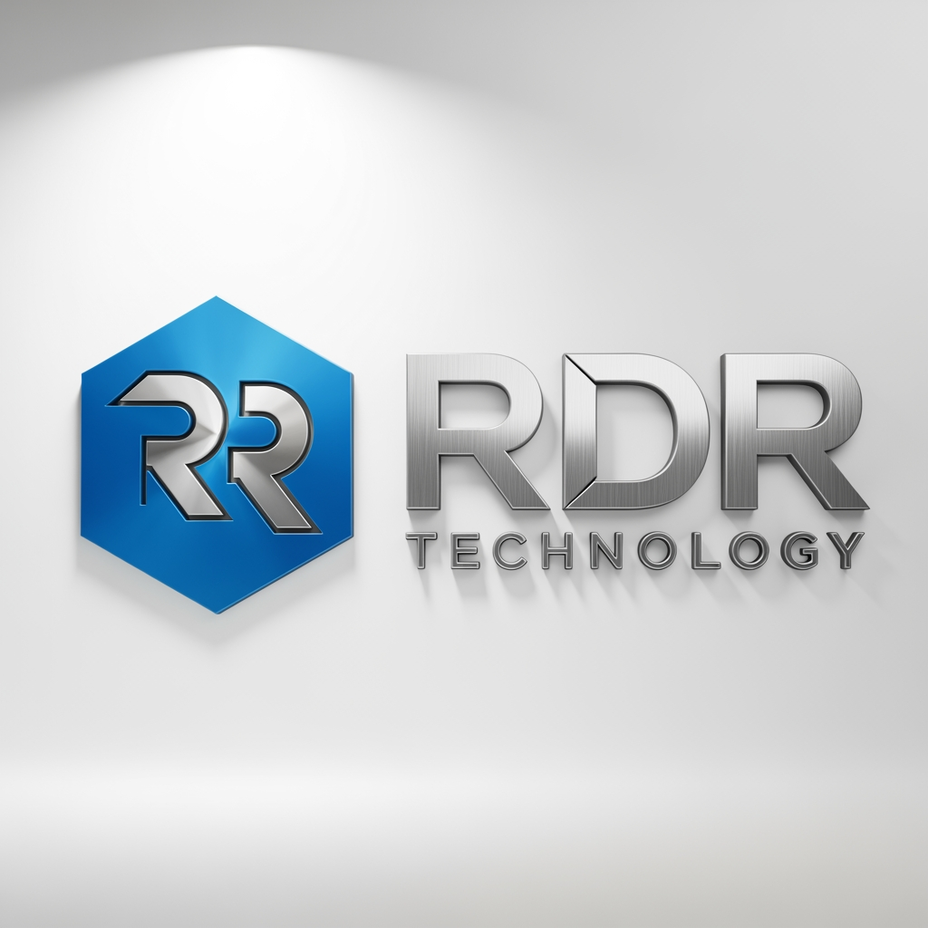 AI Design for A professional 3D logo design for a tech company named 'RDR TECHNOLOGY'. On the left, a bold blue hexagonal icon containing the stylized letters 'RR'. On the right, the text 'RDR' in large, silver metallic 3D letters, with 'TECHNOLOGY' in smaller silver text underneath. Clean, minimalist white studio background, soft cinematic lighting, high-end corporate branding style."