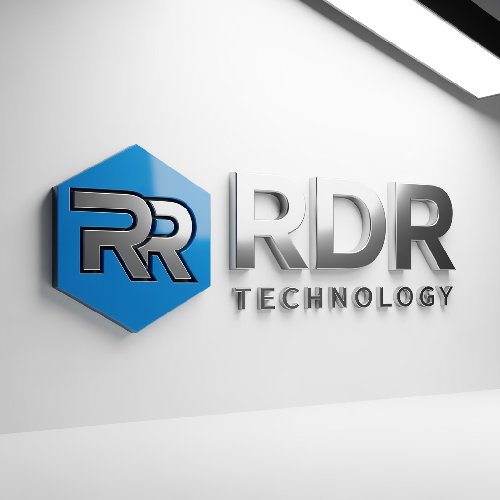 AI Design for A professional 3D logo design for a tech company named 'RDR TECHNOLOGY'. On the left, a bold blue hexagonal icon containing the stylized letters 'RR'. On the right, the text 'RDR' in large, silver metallic 3D letters, with 'TECHNOLOGY' in smaller silver text underneath. Clean, minimalist white studio background, soft cinematic lighting, high-end corporate branding style."